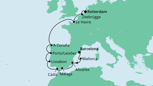 Routenverlauf für Von Barcelona nach Rotterdam mit AIDAprima am 17.02.23 Routenverlauf für Von Barcelona nach Rotterdam mit AIDAprima am 17.02.23