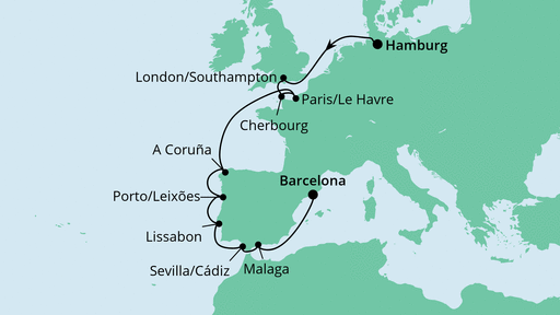 Routenverlauf für Von Hamburg nach Barcelona mit AIDAprima am 11.11.23 Routenverlauf für Von Hamburg nach Barcelona mit AIDAprima am 11.11.23