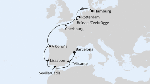 Routenverlauf für Von Hamburg nach Barcelona mit AIDAprima am 26.10.24