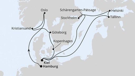 Routenverlauf für Skandinavische Highlights & Ostsee ab Hamburg mit AIDAprima am 02.11.25 Routenverlauf für Skandinavische Highlights & Ostsee ab Hamburg mit AIDAprima am 02.11.25