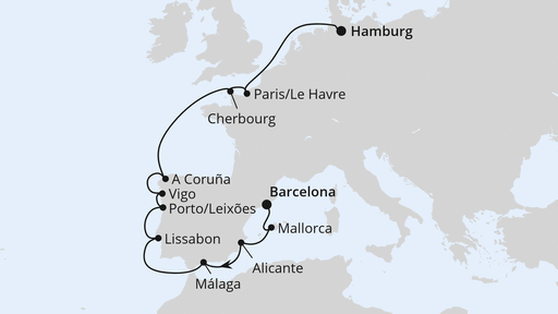 Routenverlauf für Von Barcelona nach Hamburg mit AIDAprima am 10.04.26 Routenverlauf für Von Barcelona nach Hamburg mit AIDAprima am 10.04.26