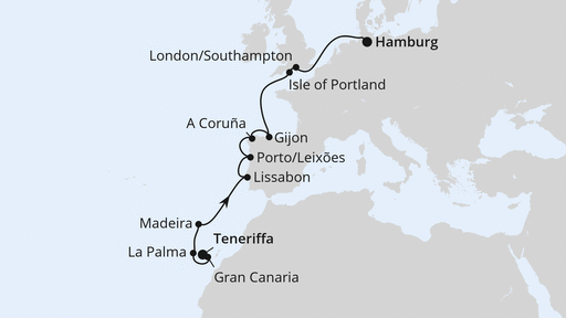 Routenverlauf für Von Teneriffa über Portugal nach Hamburg mit AIDAprima am 07.05.27 Routenverlauf für Von Teneriffa über Portugal nach Hamburg mit AIDAprima am 07.05.27