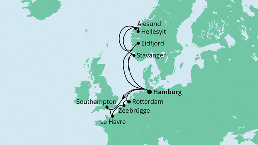 Routenverlauf für Metropolen & Norwegen mit AIDAprima am 04.06.22 Routenverlauf für Metropolen & Norwegen mit AIDAprima am 04.06.22