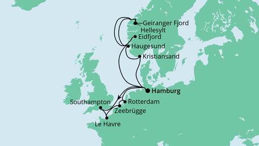 Routenverlauf für Metropolen & Norwegen mit AIDAprima am 16.07.22 Routenverlauf für Metropolen & Norwegen mit AIDAprima am 16.07.22