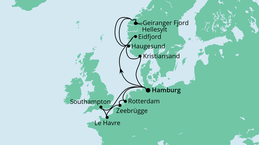 Routenverlauf für Metropolen & Norwegen mit AIDAprima am 23.07.22