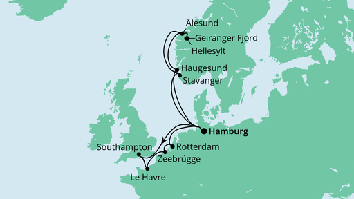 Routenverlauf für Metropolen & Norwegen mit AIDAprima am 13.08.22 Routenverlauf für Metropolen & Norwegen mit AIDAprima am 13.08.22