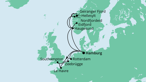Routenverlauf für Metropolen & Norwegen mit AIDAprima am 10.09.22 Routenverlauf für Metropolen & Norwegen mit AIDAprima am 10.09.22