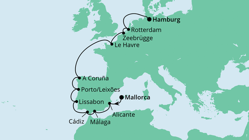 Routenverlauf für Von Mallorca nach Hamburg mit AIDAprima am 18.02.23 Routenverlauf für Von Mallorca nach Hamburg mit AIDAprima am 18.02.23