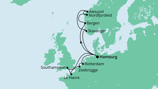 Routenverlauf für Metropolen & Norwegen mit AIDAprima am 03.06.23 Routenverlauf für Metropolen & Norwegen mit AIDAprima am 03.06.23