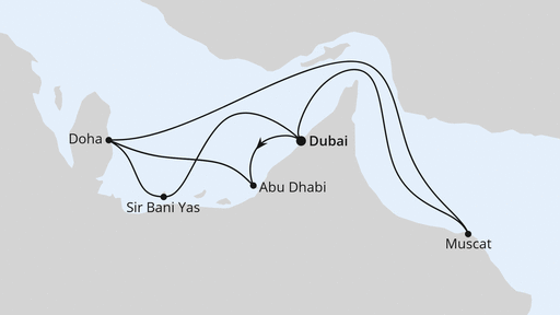 Routenverlauf für Große Orient-Reise ab Dubai 2 mit AIDAprima am 30.12.23 Routenverlauf für Große Orient-Reise ab Dubai 2 mit AIDAprima am 30.12.23