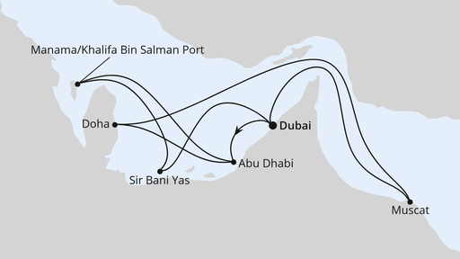 Routenverlauf für Große Orient-Reise ab Dubai 2 mit AIDAprima am 27.01.24 Routenverlauf für Große Orient-Reise ab Dubai 2 mit AIDAprima am 27.01.24