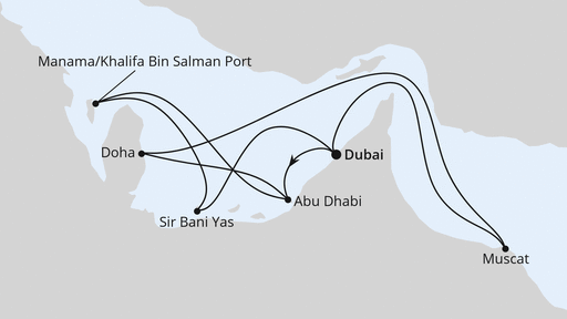 Routenverlauf für Große Orient-Reise ab Dubai mit AIDAprima am 28.12.24 Routenverlauf für Große Orient-Reise ab Dubai mit AIDAprima am 28.12.24