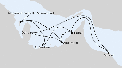 Routenverlauf für Große Orient-Reise ab Dubai mit AIDAprima am 08.02.25 Routenverlauf für Große Orient-Reise ab Dubai mit AIDAprima am 08.02.25