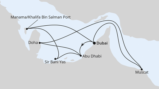 Routenverlauf für Große Orient-Reise ab Dubai 1 mit AIDAprima am 15.11.25 Routenverlauf für Große Orient-Reise ab Dubai 1 mit AIDAprima am 15.11.25
