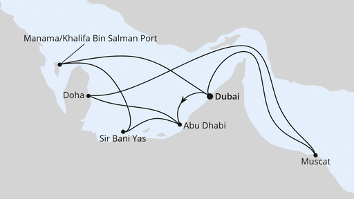Routenverlauf für Große Orient-Reise ab Dubai 2 mit AIDAprima am 31.01.26 Routenverlauf für Große Orient-Reise ab Dubai 2 mit AIDAprima am 31.01.26