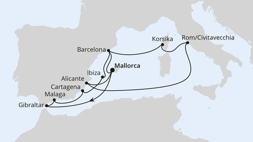 Routenverlauf für Große Osterreise durchs Mittelmeer mit AIDAprima am 28.03.26 Routenverlauf für Große Osterreise durchs Mittelmeer mit AIDAprima am 28.03.26
