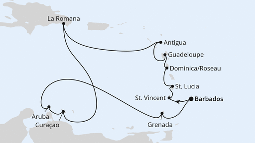 Routenverlauf für Karibische Inseln ab Barbados mit AIDAprima am 30.12.27