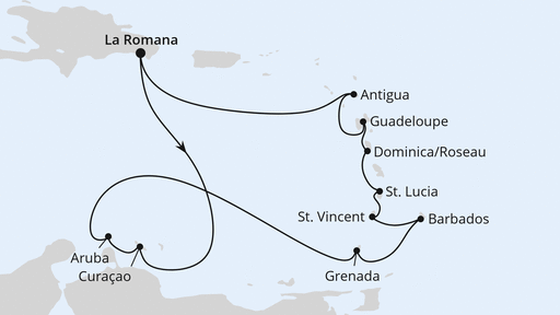 Routenverlauf für Karibische Inseln ab Dominikanische Republik mit AIDAprima am 06.01.28