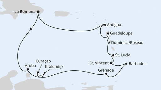 Routenverlauf für Karibische Inseln ab Dominikanische Republik mit AIDAprima am 02.03.28