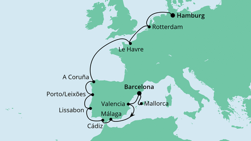 Routenverlauf für Von Barcelona nach Hamburg mit AIDAprima am 18.02.22