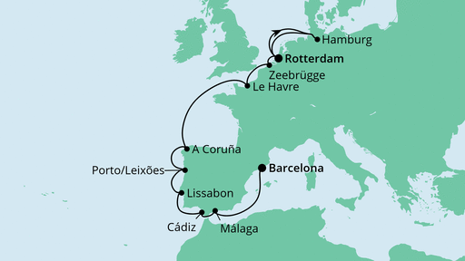 Routenverlauf für Von Rotterdam nach Barcelona mit AIDAprima am 24.11.22