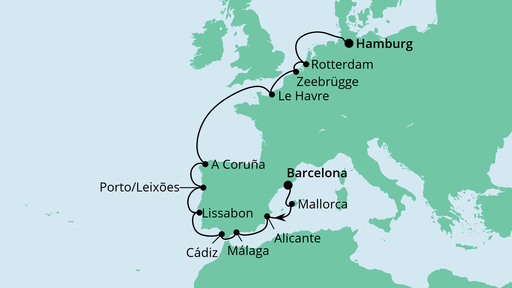 Routenverlauf für Von Barcelona nach Hamburg mit AIDAprima am 17.02.23 Routenverlauf für Von Barcelona nach Hamburg mit AIDAprima am 17.02.23