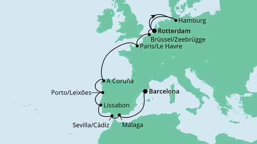 Routenverlauf für Von Rotterdam nach Barcelona mit AIDAprima am 09.11.23 Routenverlauf für Von Rotterdam nach Barcelona mit AIDAprima am 09.11.23