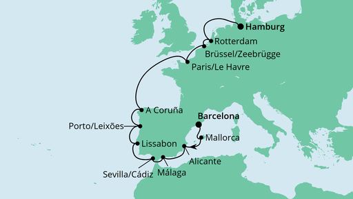 Routenverlauf für Von Barcelona nach Hamburg mit AIDAprima am 16.02.24 Routenverlauf für Von Barcelona nach Hamburg mit AIDAprima am 16.02.24
