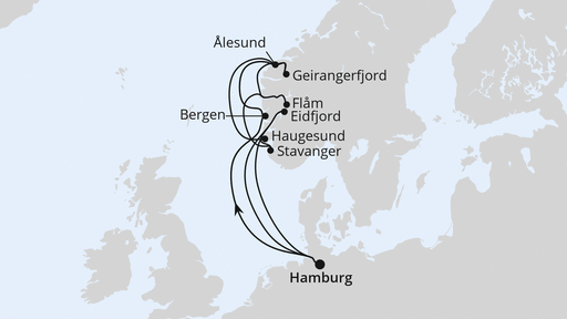 Routenverlauf für Norwegens Weltnaturerbe ab Hamburg 2 mit AIDAprima am 03.10.25
