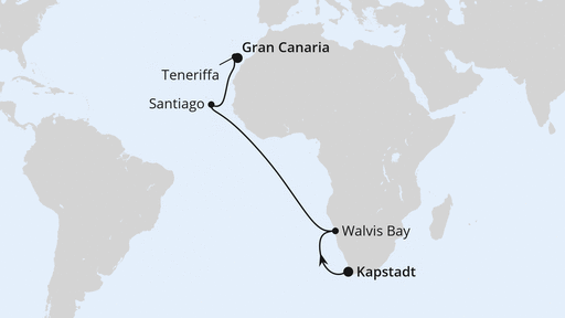 Routenverlauf für Von Kapstadt über Namibia nach Gran Canaria mit AIDAprima am 22.04.27 Routenverlauf für Von Kapstadt über Namibia nach Gran Canaria mit AIDAprima am 22.04.27