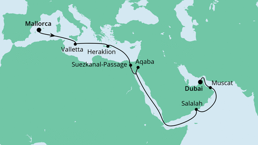 Routenverlauf für Von Mallorca nach Dubai mit AIDAprima am 02.10.20