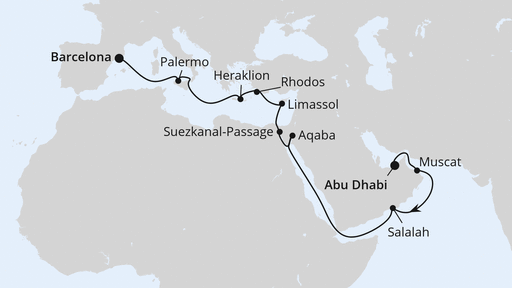 Routenverlauf für Von Abu Dhabi nach Barcelona mit AIDAprima am 23.03.25
