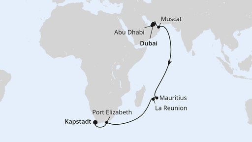 Routenverlauf für Von Dubai über Mauritius nach Kapstadt 2 mit AIDAprima am 03.04.27