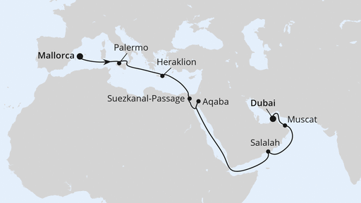 Routenverlauf für Von Mallorca nach Dubai 1 mit AIDAprima am 26.10.25 Routenverlauf für Von Mallorca nach Dubai 1 mit AIDAprima am 26.10.25