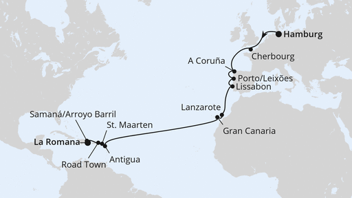 Routenverlauf für Von Hamburg über die Kanaren in die Dom. Republik mit AIDAprima am 05.11.27