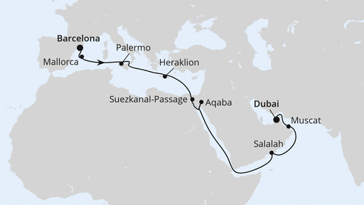 Routenverlauf für Von Barcelona nach Dubai mit AIDAprima am 25.10.25 Routenverlauf für Von Barcelona nach Dubai mit AIDAprima am 25.10.25