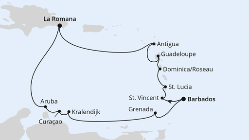 Routenverlauf für Karibische Insel-Rundreise ab Barbados mit AIDAprima am 02.12.27