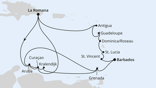 Routenverlauf für Karibische Insel-Rundreise mit AIDAprima am 23.12.27
