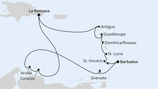 Routenverlauf für Karibische Insel-Rundreise ab Barbados mit AIDAprima am 30.12.27