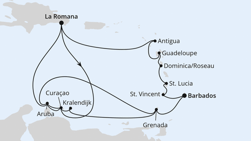 Routenverlauf für Karibische Insel-Rundreise mit AIDAprima am 06.01.28
