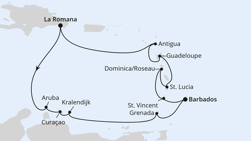 Routenverlauf für Karibische Insel-Rundreise mit AIDAprima am 03.02.28