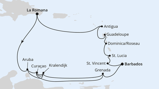 Routenverlauf für Karibische Insel-Rundreise mit AIDAprima am 17.02.28