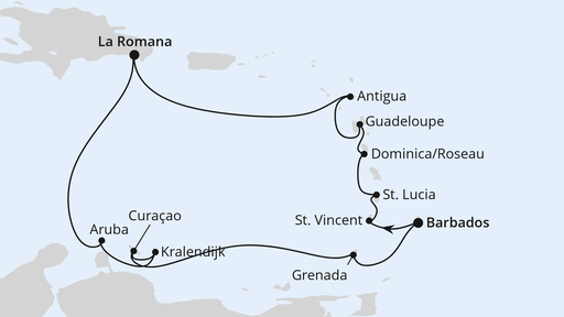 Routenverlauf für Karibische Insel-Rundreise ab Barbados mit AIDAprima am 24.02.28