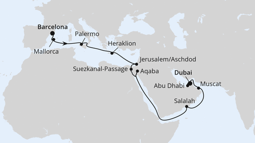 Routenverlauf für Von Barcelona nach Dubai 3 mit AIDAprima am 08.11.24