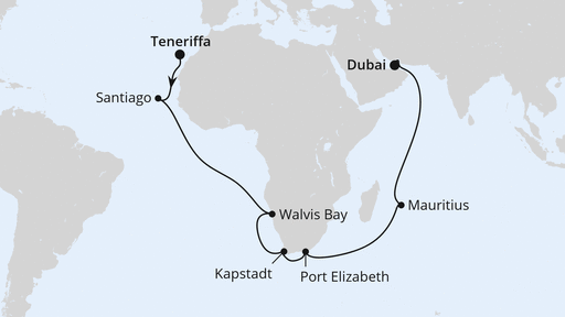 Routenverlauf für Weltenbummler Kapverden, Südafrika & Mauritius mit AIDAprima am 03.11.24