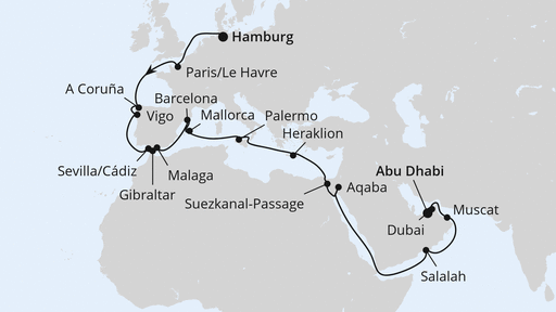 Routenverlauf für Weltenbummler von Hamburg nach Abu Dhabi mit AIDAprima am 14.10.25 Routenverlauf für Weltenbummler von Hamburg nach Abu Dhabi mit AIDAprima am 14.10.25