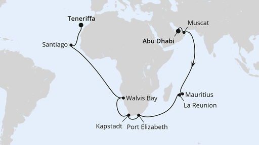 Routenverlauf für Von Abu Dhabi über Afrika nach Teneriffa mit AIDAprima am 04.04.27 Routenverlauf für Von Abu Dhabi über Afrika nach Teneriffa mit AIDAprima am 04.04.27
