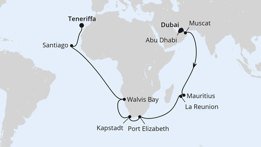 Routenverlauf für Von Dubai über Afrika nach Teneriffa mit AIDAprima am 03.04.27 Routenverlauf für Von Dubai über Afrika nach Teneriffa mit AIDAprima am 03.04.27