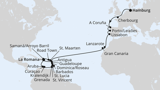 Routenverlauf für Weltenbummler Karibische Inseln ab Hamburg mit AIDAprima am 05.11.27