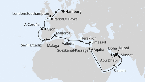 Routenverlauf für Weltenbummler von Hamburg nach Dubai mit AIDAprima am 08.11.23